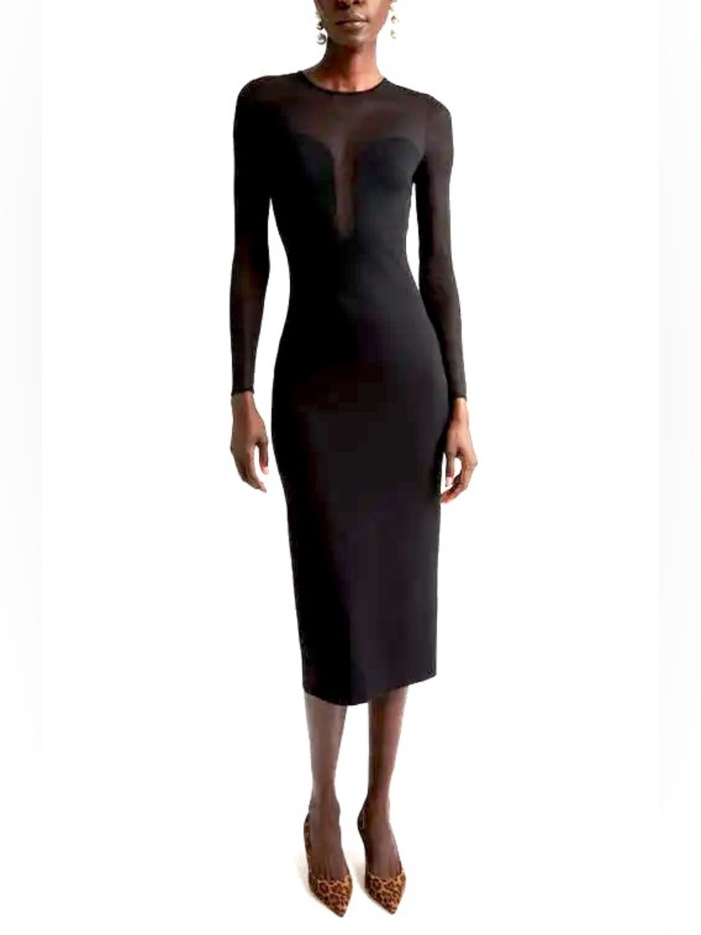 Carolina Herrera Long Sleeve Sheer Yoke Midi Dress Black Wool Blend FLAW
